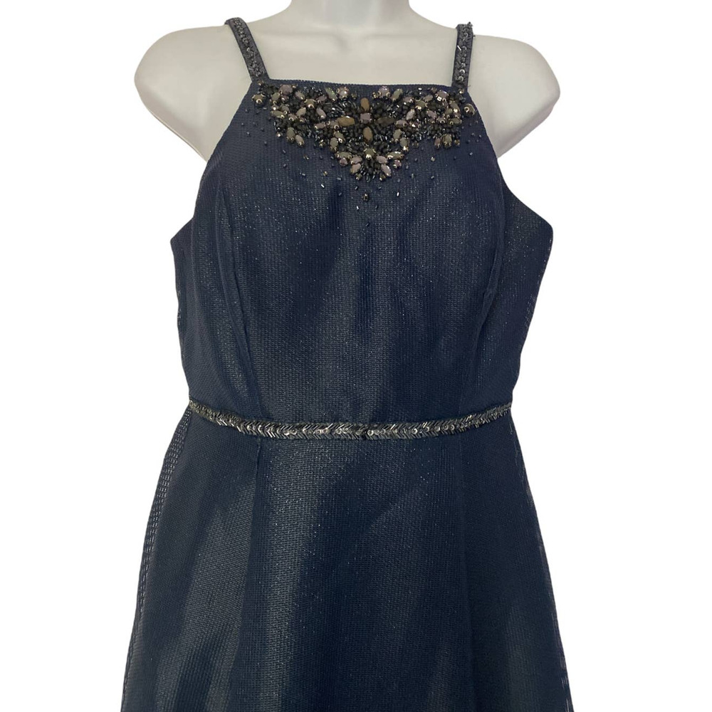 Aidan Mattox Pocket Dress Beaded Shimmering Navy Prom Maxi Formal Evening Gown - Picture 8 of 12